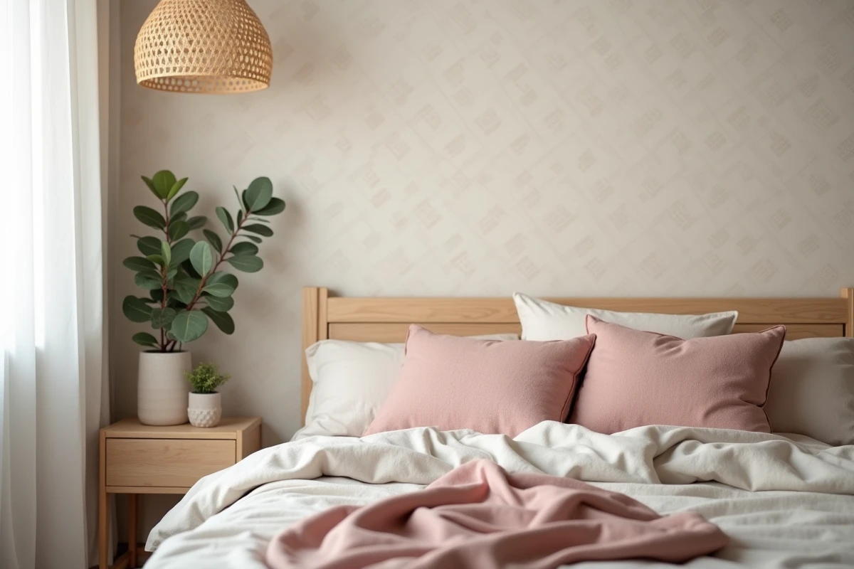 Chambre scandinave avec papier peint géométrique beige et lit en frêne clair aux tons neutres