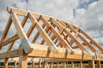 Charpente en bois apparente d'une maison en ossature bois en cours de construction, avec chevrons en épicéa et connecteurs métalliques