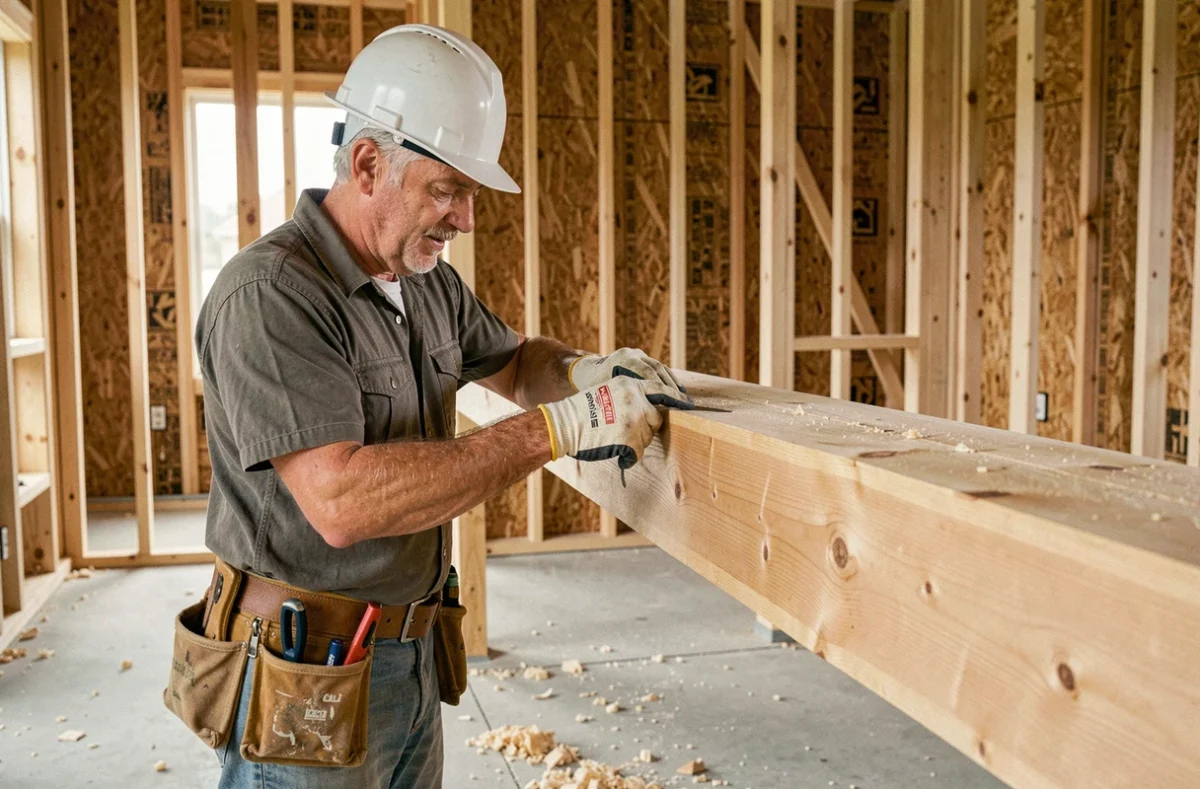 Charpentier professionnel mesurant une poutre en lamellé-collé à l'intérieur d'une maison en ossature bois en construction