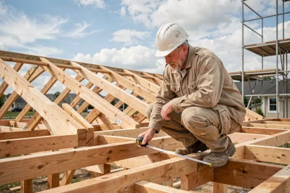 Charpentier mesurant une poutre en bois sur une charpente de toiture en cours de construction sur maison individuelle