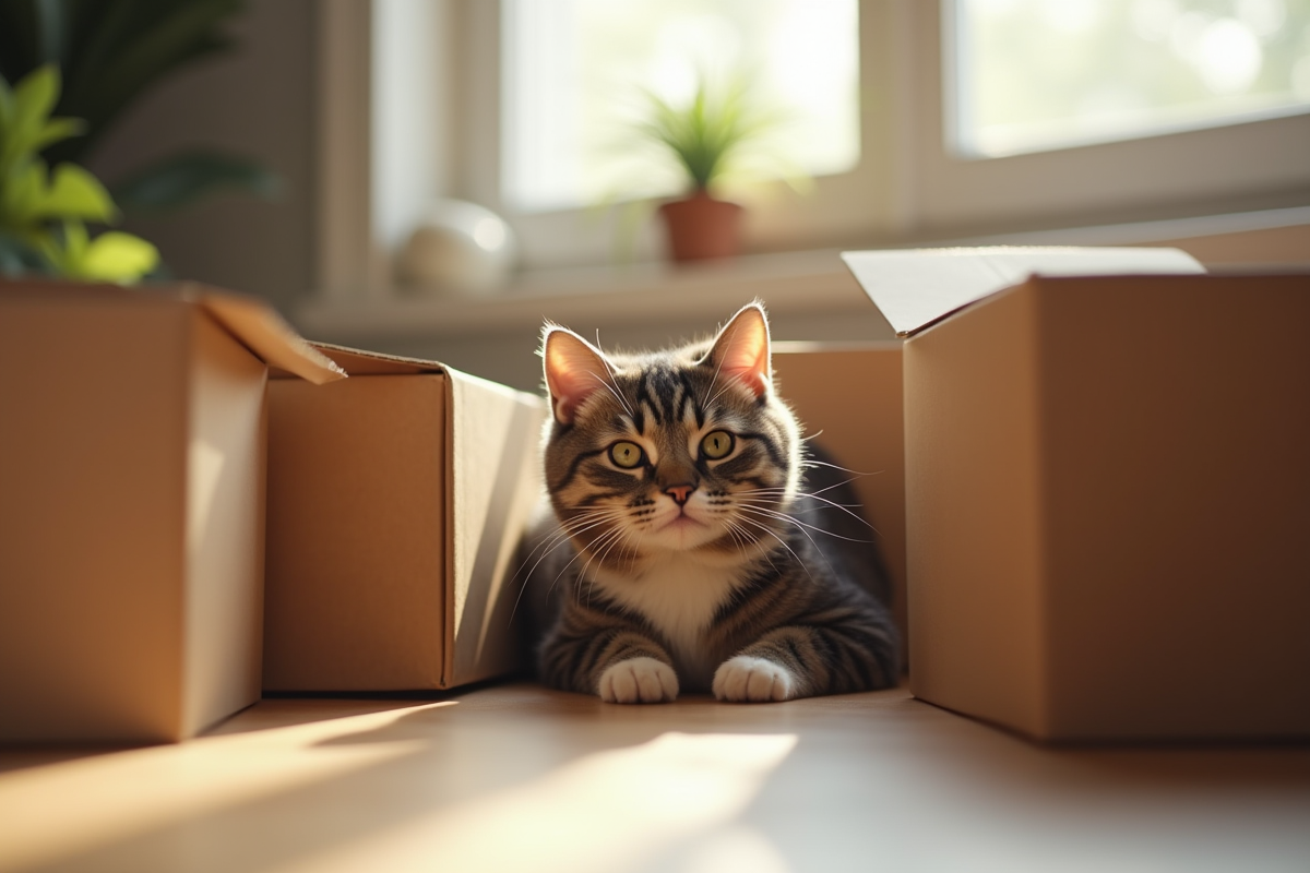 Chat anxieux dans des cartons dans un salon ensoleille