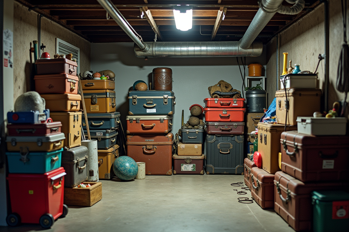Coin chaotique dans un sous-sol avec vieux bagages et jouets
