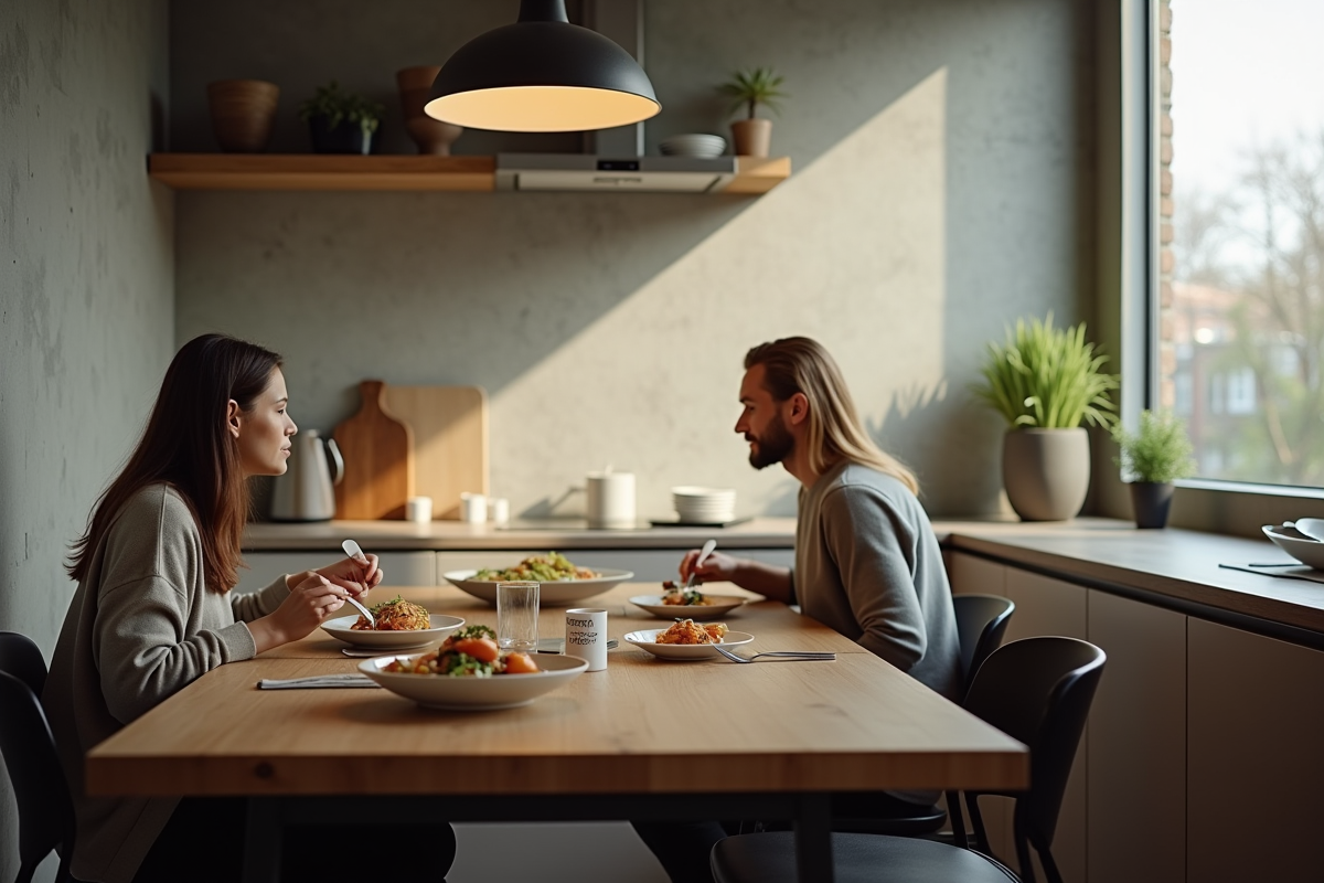 Coin cuisine urbain avec table compacte et deux personnes
