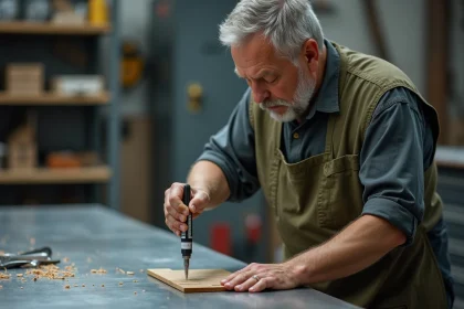 Artisan appliquant de la colle industrielle pour fixer un panneau plastique sur une surface métallique dans un atelier professionnel