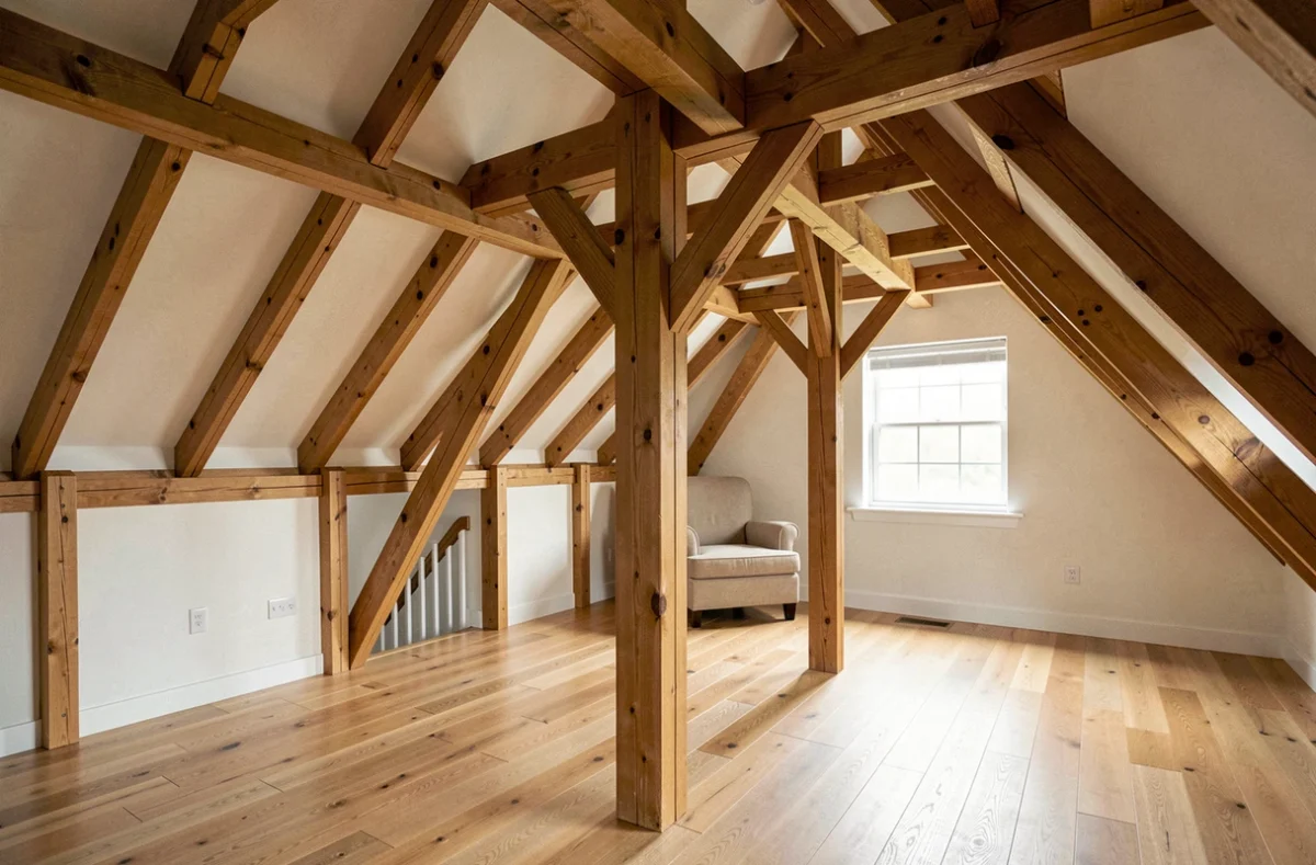 Intérieur de combles aménagés avec ferme de charpente traditionnelle apparente en pin dans une maison en ossature bois
