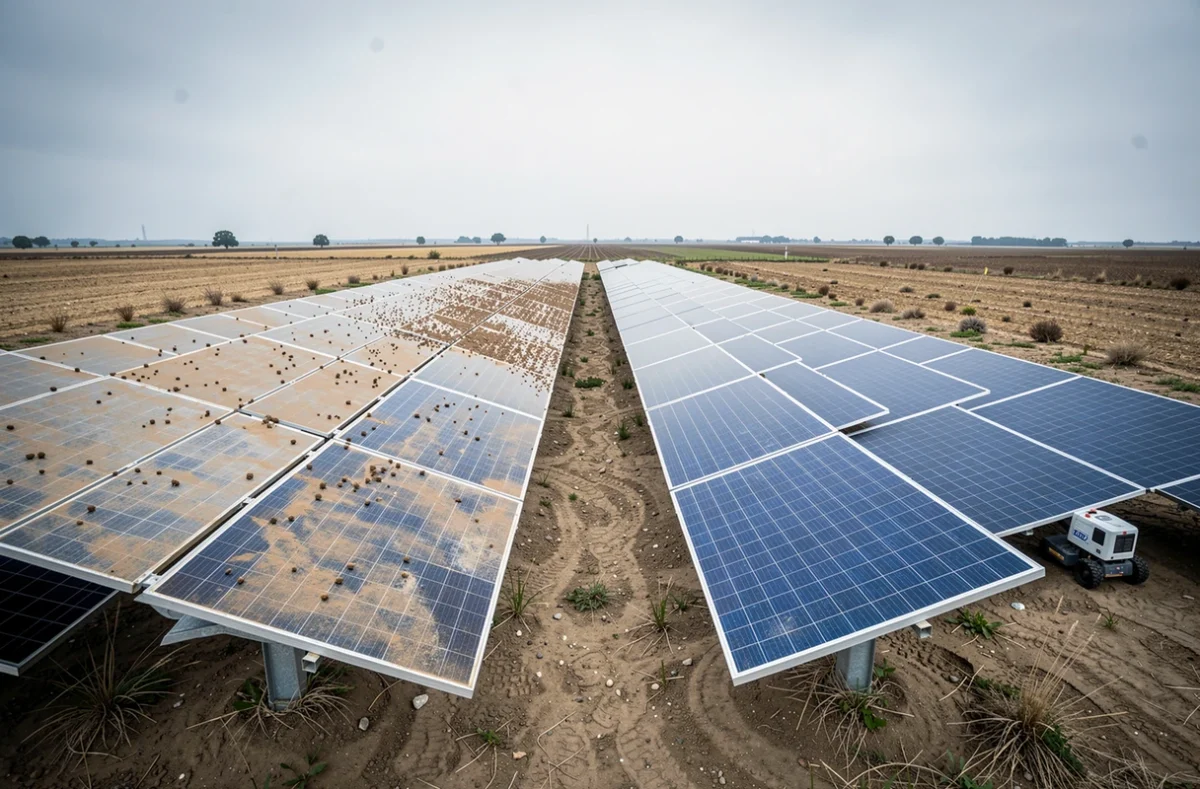 Comparaison avant-après du nettoyage de panneaux solaires agricoles par un robot autonome