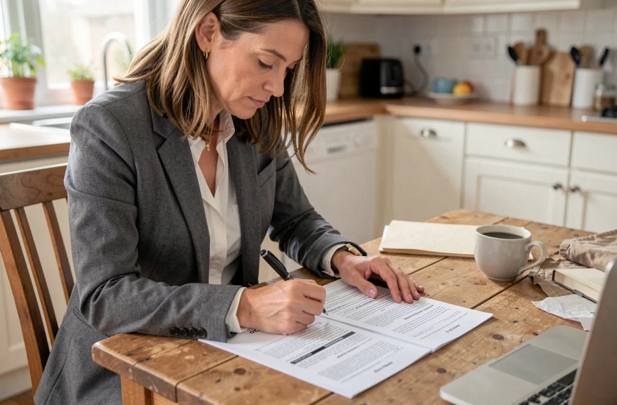 Femme comparant plusieurs devis de travaux d'enrobé assis à une table de cuisine avec annotations au stylo