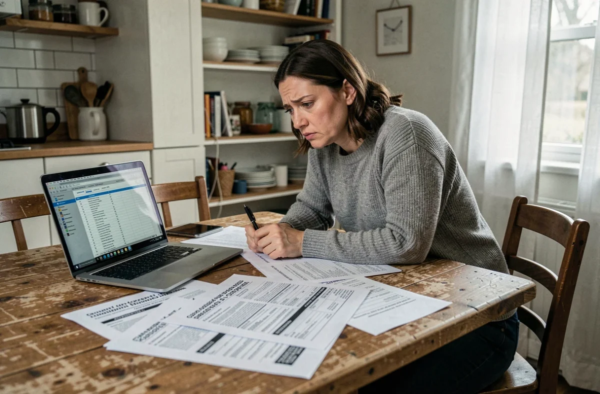 Femme comparant plusieurs devis de travaux à domicile avec un ordinateur portable et des documents imprimés sur une table en bois
