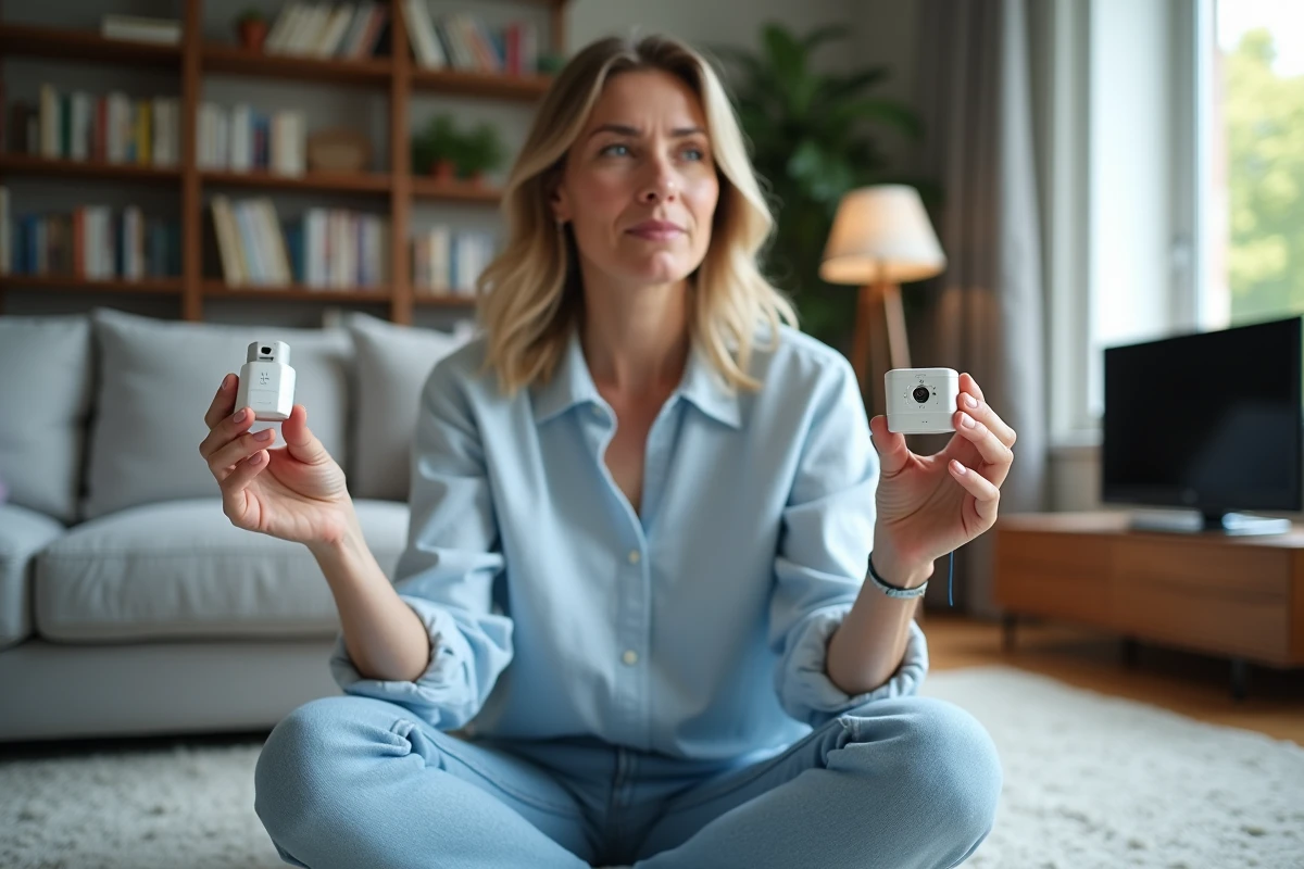 Femme comparant un filtre ADSL et un adaptateur fibre optique dans un salon contemporain