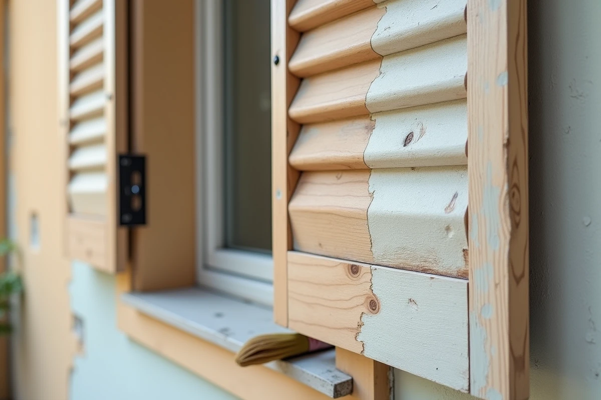 Gros plan sur un volet en bois montrant les différentes finitions : bois brut, lasure et peinture mate