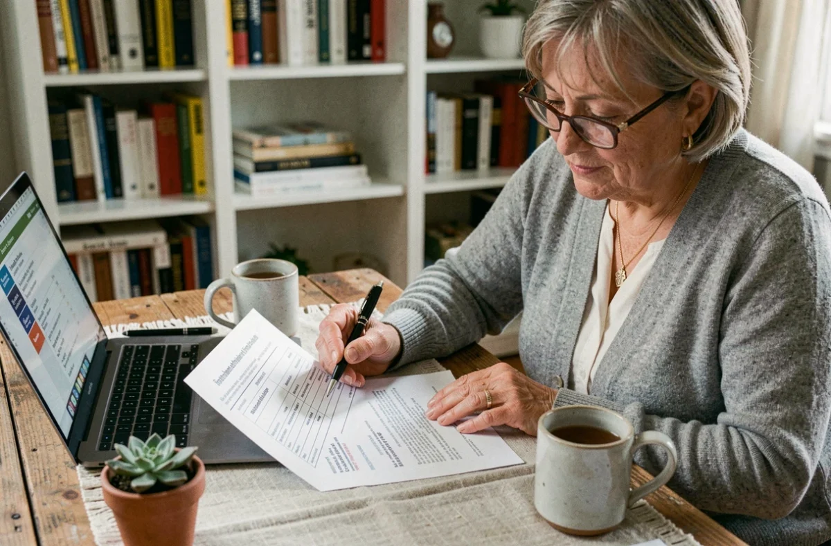 Femme comparant des tarifs et services de ménage à domicile à son bureau avec un contrat imprimé