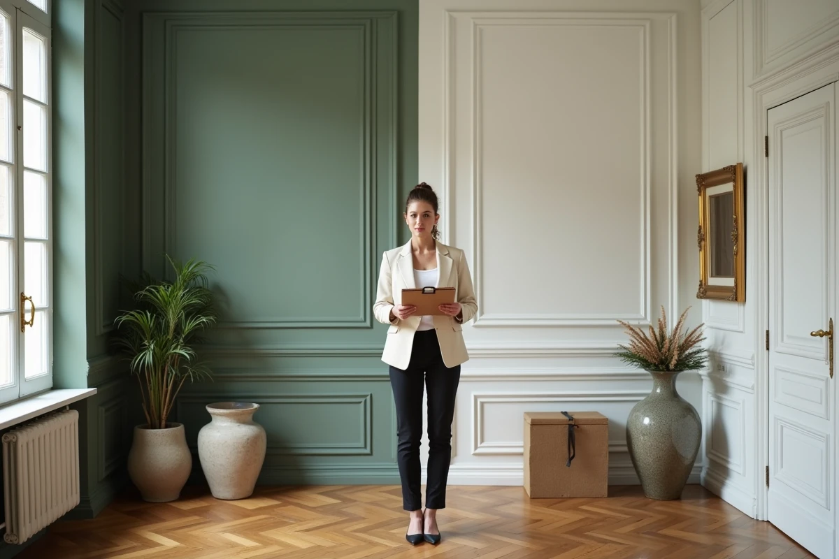 Décorateur intérieur comparant deux styles de murs, un côté tendance vert sauge et un côté classique blanc cassé, dans un salon bourgeois français