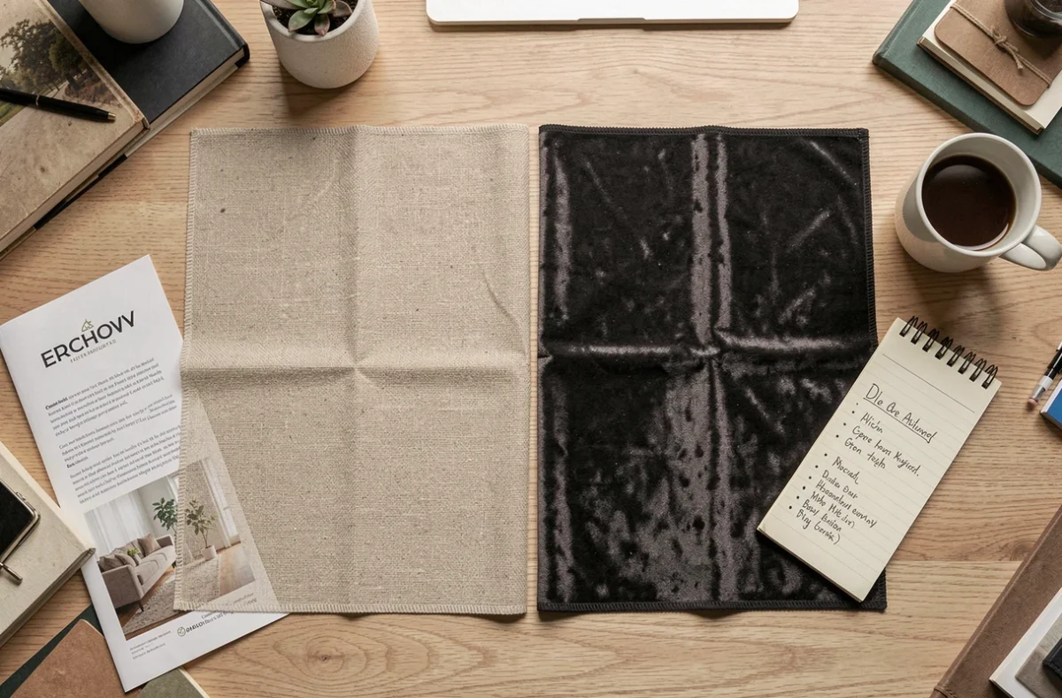 Comparaison de tissus et brochures de canapés Poltronesofa et Ikea posés sur un bureau en bois