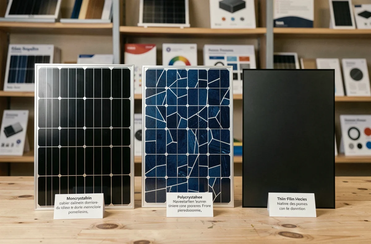 Comparaison des trois types de panneaux solaires monocristallin, polycristallin et couche mince en showroom