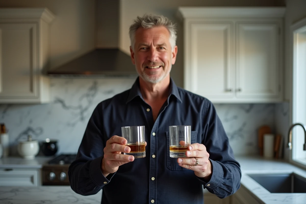 Homme comparant deux verres à whiskey de formes différentes dans une cuisine moderne