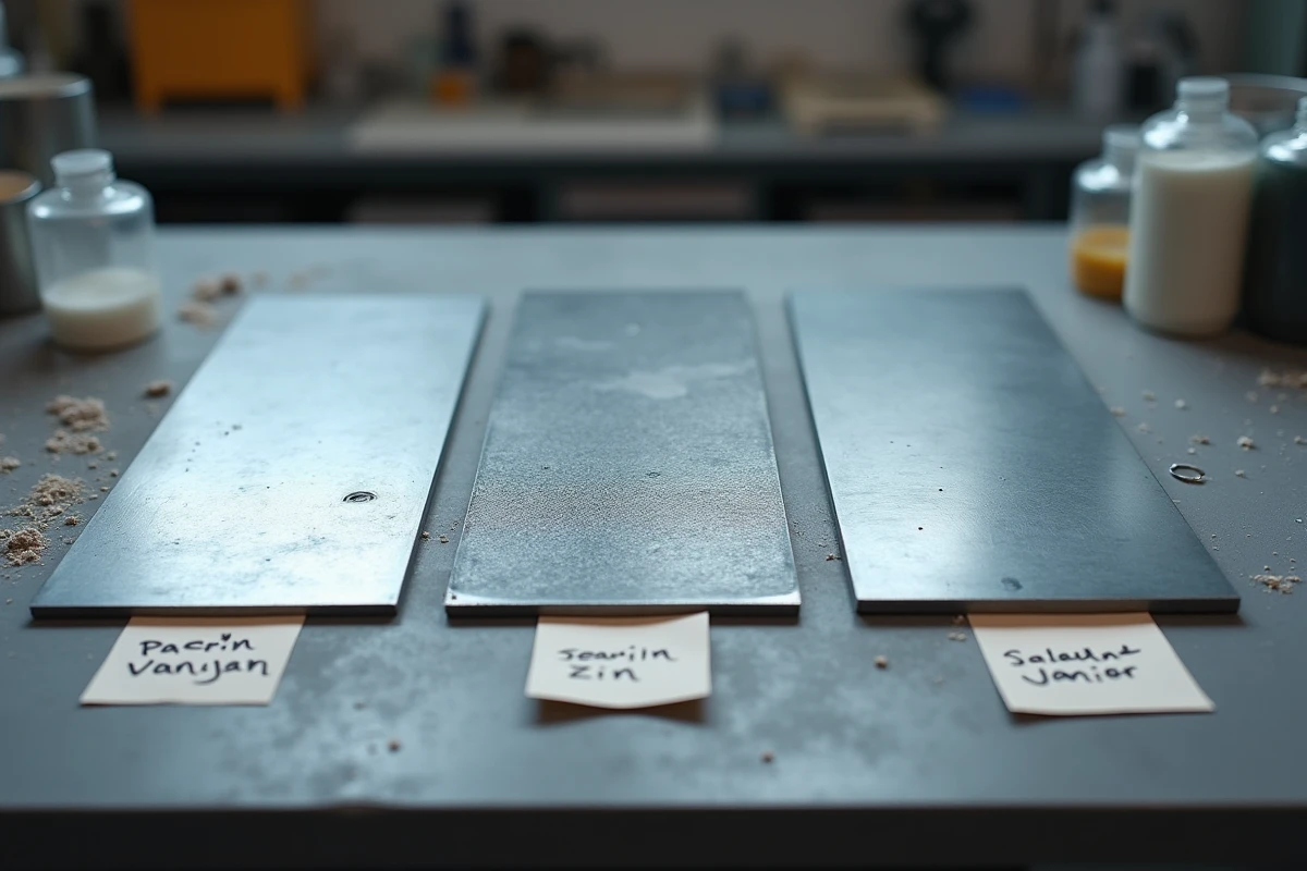Comparaison visuelle d'une surface en zinc brut, patinée et vernie côte à côte sur un établi