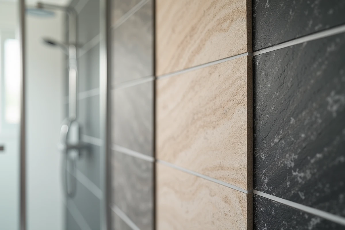 Comparatif de trois finitions de dalles murales PVC effet pierre ardoise travertin et béton dans une salle de bain
