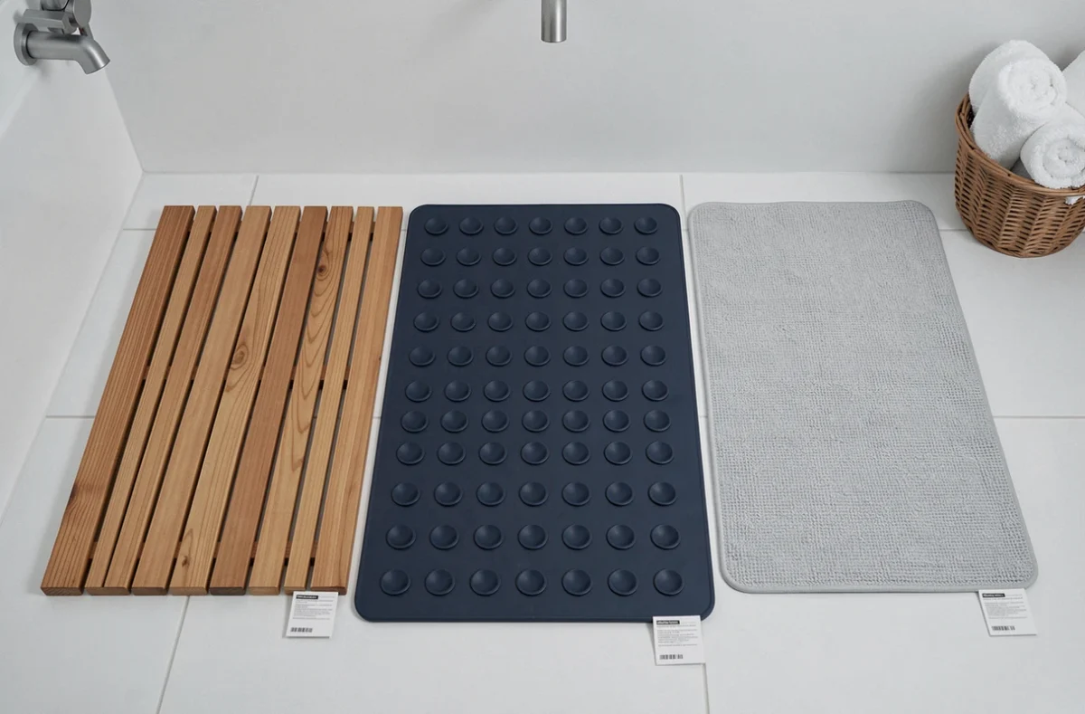 Comparatif de trois tapis antidérapants de salle de bain différents posés sur carrelage blanc : bois teck, PVC marine et microfibre gris
