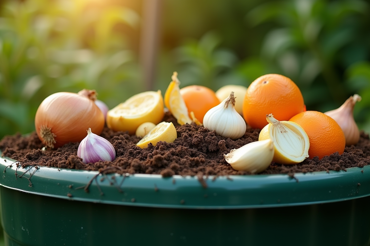 Zoom sur un composteur maison dans un jardin avec déchets végétaux