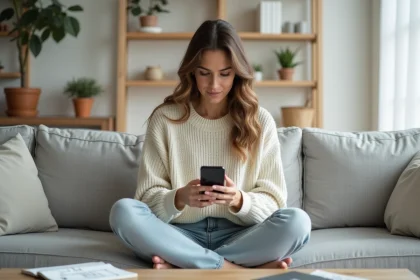 Femme utilisant une application de conception de plan sur smartphone dans un salon cosy