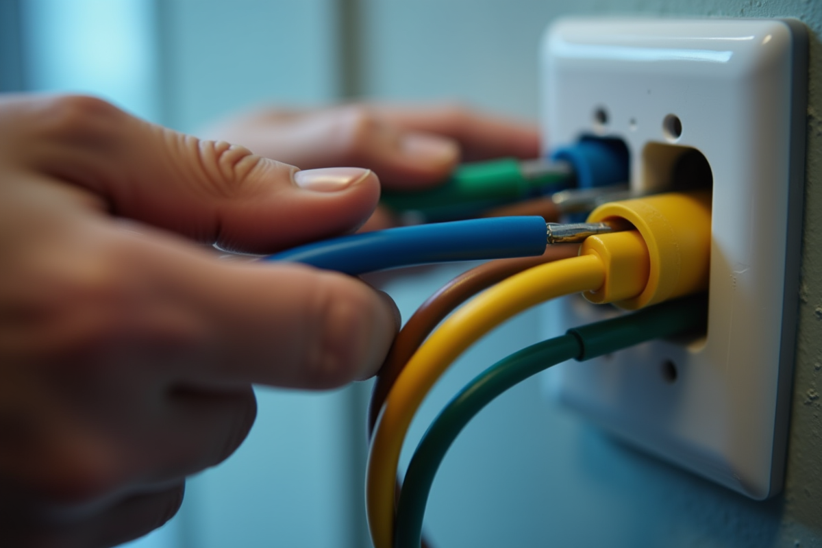 Main d'électricien connectant fils électriques dans une prise moderne