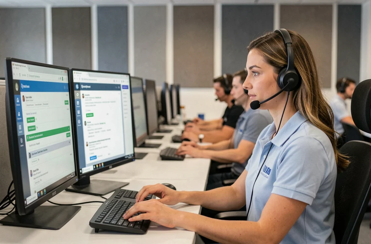 Conseillère service client gérant des avis négatifs sur ordinateur dans un centre d'appel professionnel
