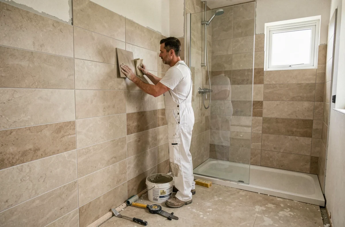 Artisan de Construction Rénovation Décoration Emmanuel Everar posant du carrelage dans une salle de bain en rénovation à Calais