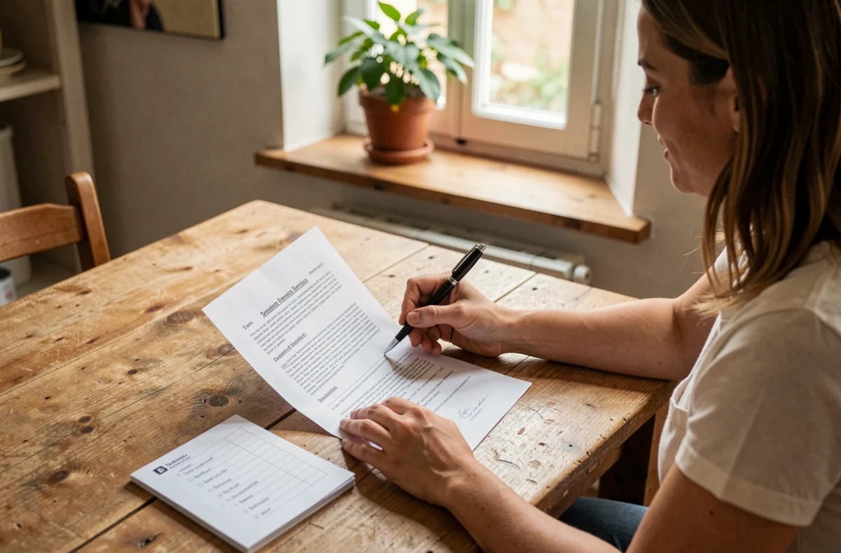 Femme lisant un contrat de service de ménage à domicile avant recrutement