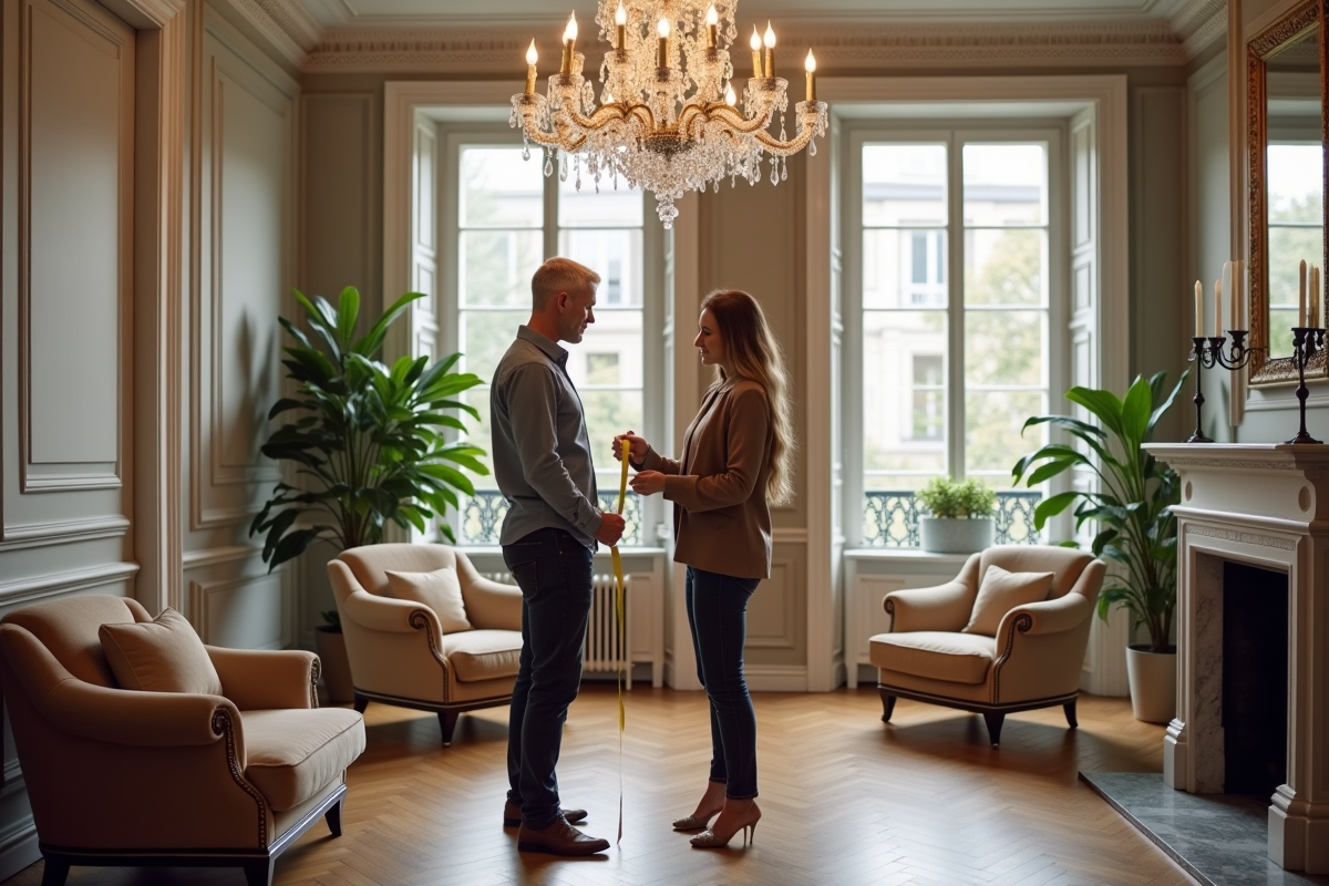 Couple d interieuristes mesurant un chandelier dans un salon parisien