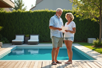 Couple détendu près d'une petite piscine dans un jardin moderne