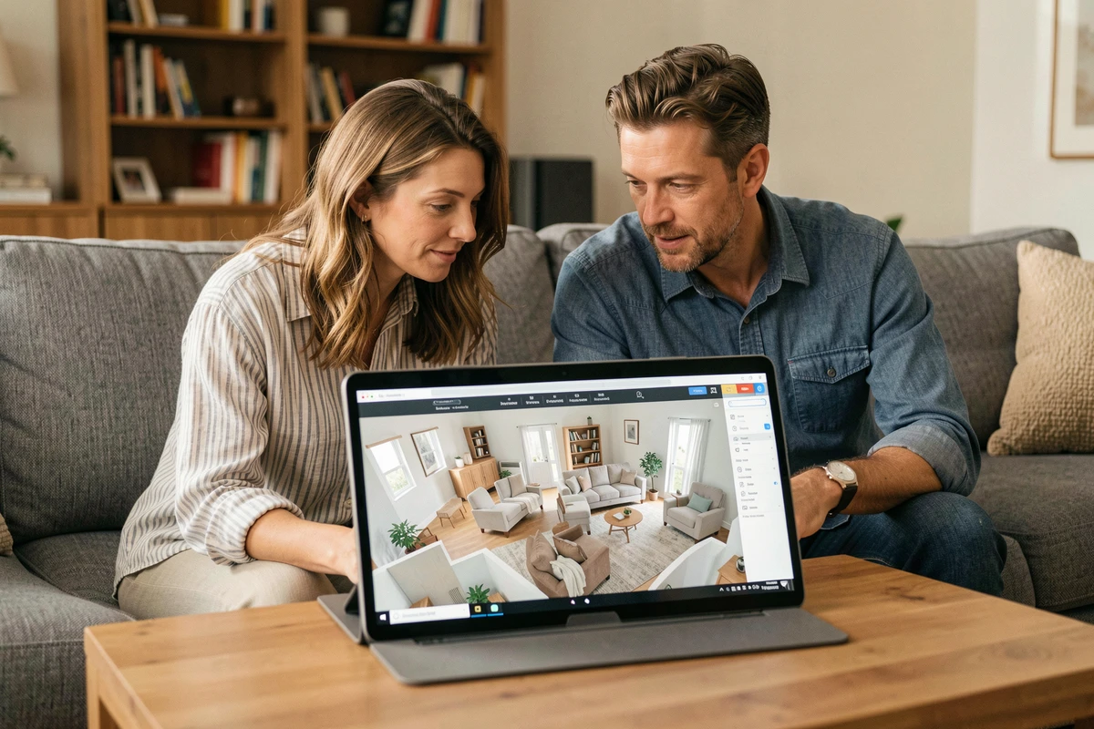 Couple découvrant ensemble un logiciel de conception 3D de pièce sur tablette dans leur salon pour planifier leur aménagement intérieur