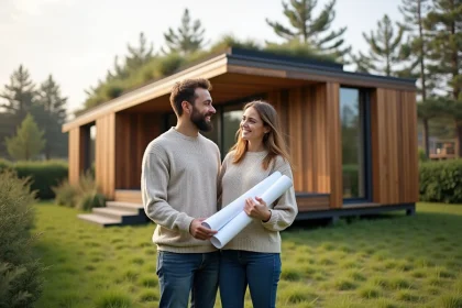 Jeune couple souriant devant maison en bois durable
