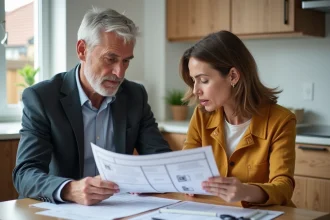 Couple en cuisine moderne examinant des devis de rénovation