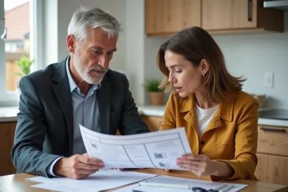 Couple en cuisine moderne examinant des devis de r&eacute;novation