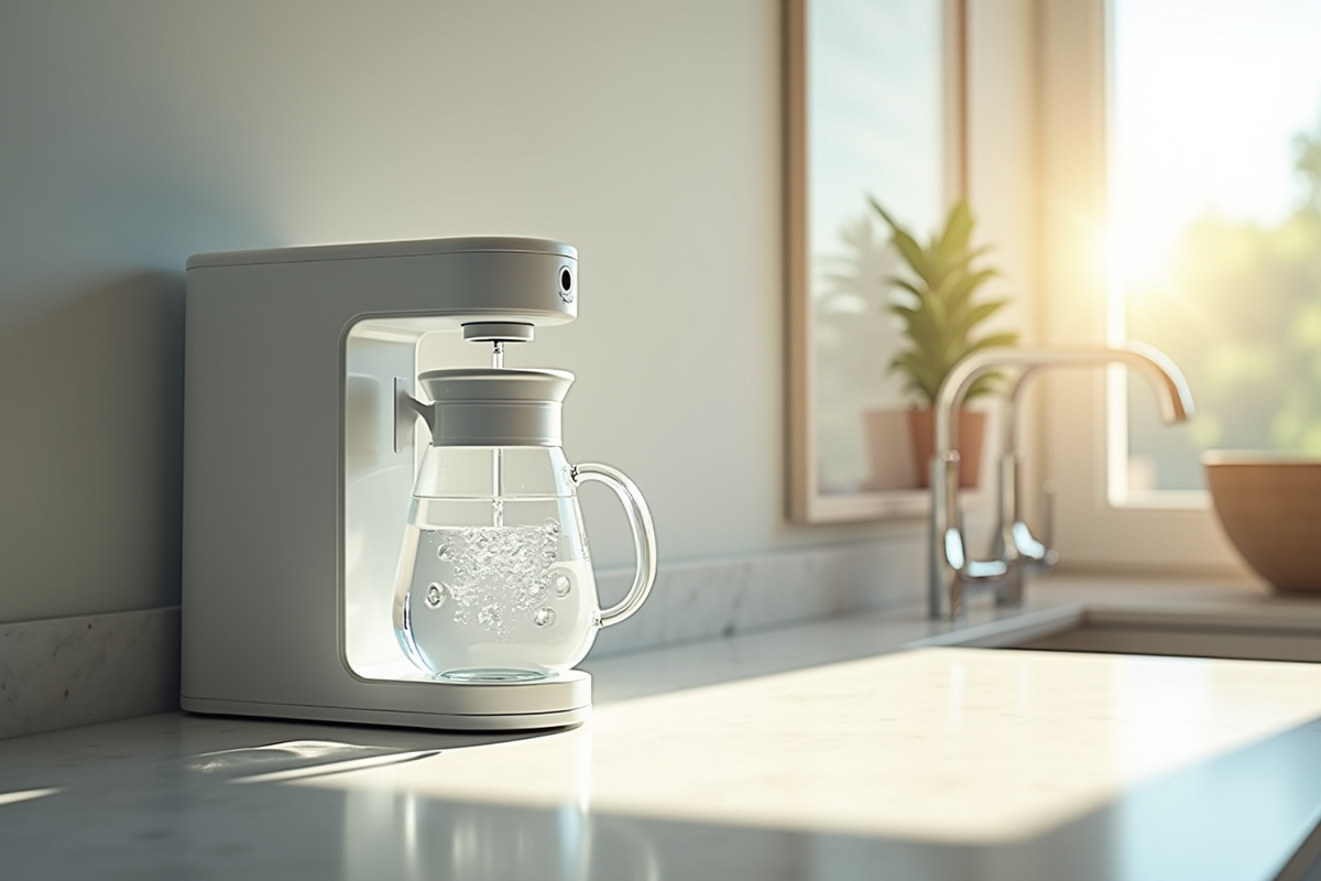 Cuisine moderne avec purificateur d'eau et carafe remplie