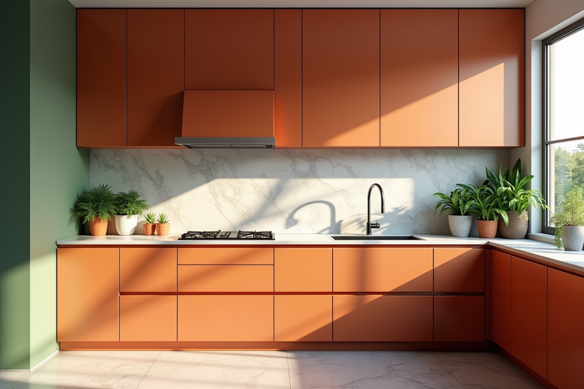 Cuisine moderne avec meubles terracotta et plantes