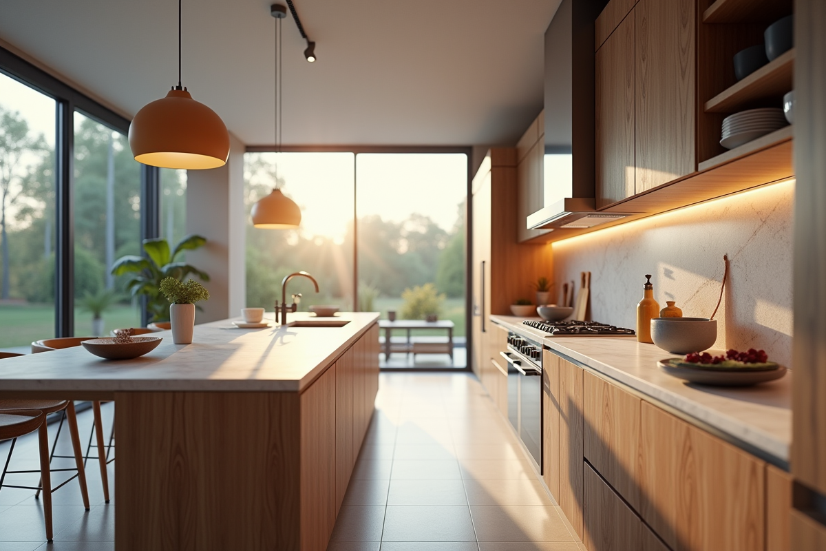 Cuisine moderne avec îlot en quartz et lumière naturelle