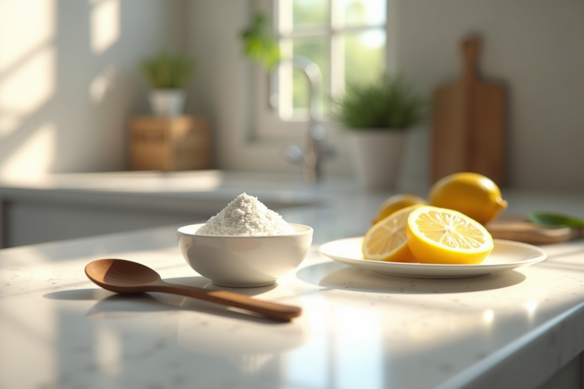 Plan de travail moderne avec bicarbonate et citron frais