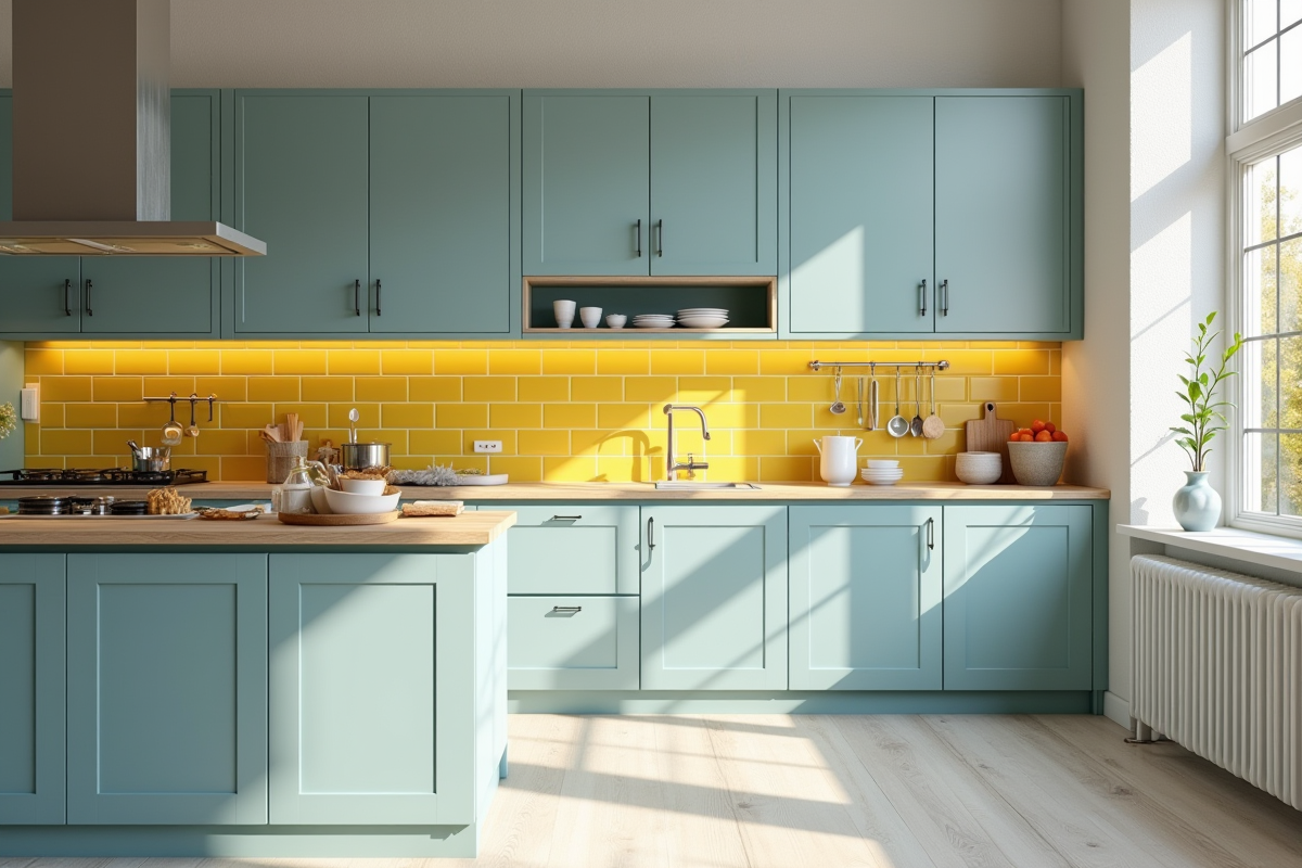 Cuisine scandinave avec meubles pastel et petit déjeuner