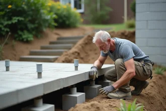 Dalle sur plots béton sur terrain en pente avec rattrapage de niveau par plots réglables en plastique, construction en cours dans un jardin résidentiel en pente