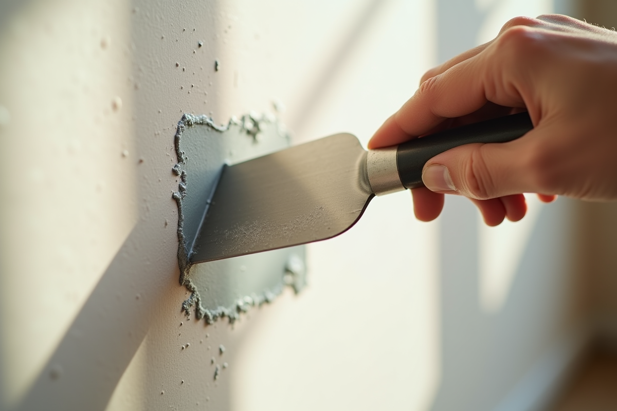 Main en train de gratter la peinture vinyle avec une spatule