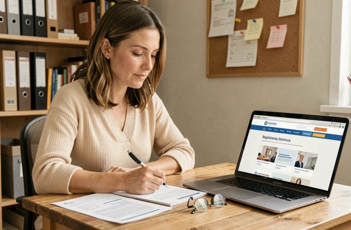 Femme indépendante remplissant des formulaires administratifs pour déclarer son activité de femme de ménage à domicile, avec un ordinateur portable sur un bureau en bois