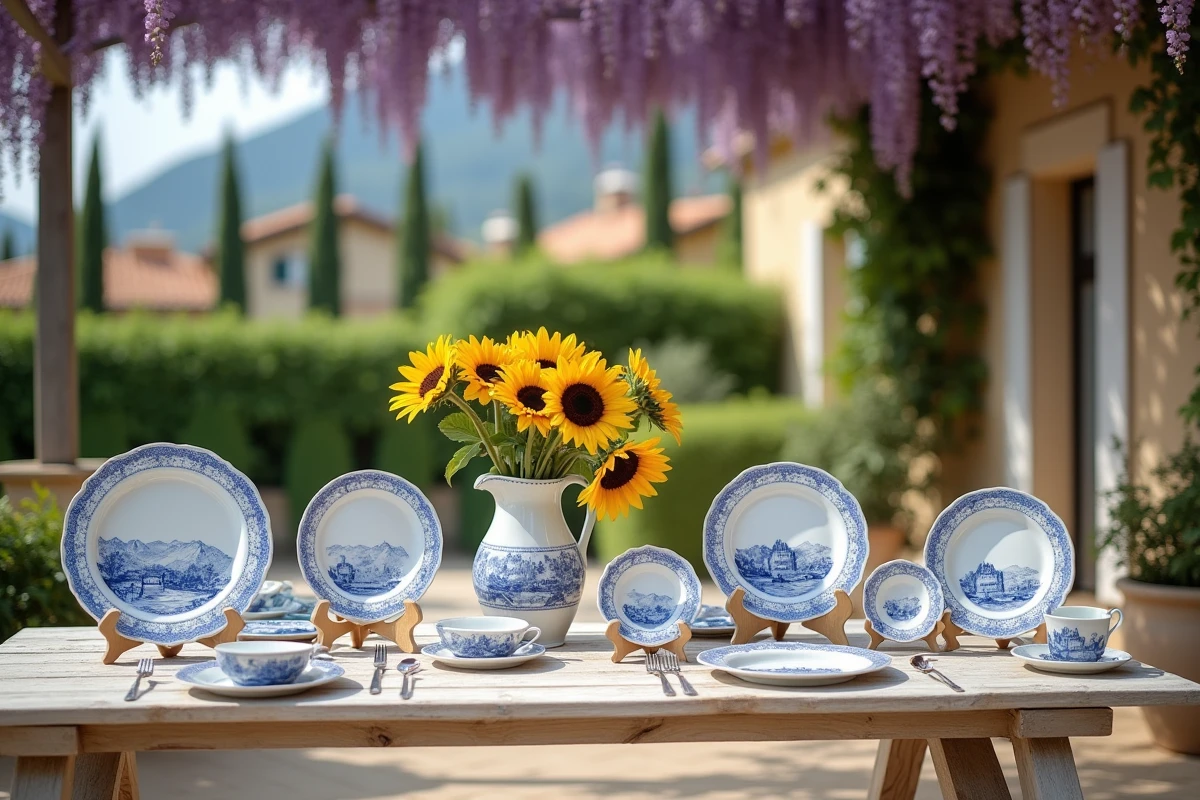 Terrasse provençale avec collection d'assiettes en faïence de Moustiers exposées sous une pergola de glycine, table en bois blanchi et décoration estivale avec tournesols