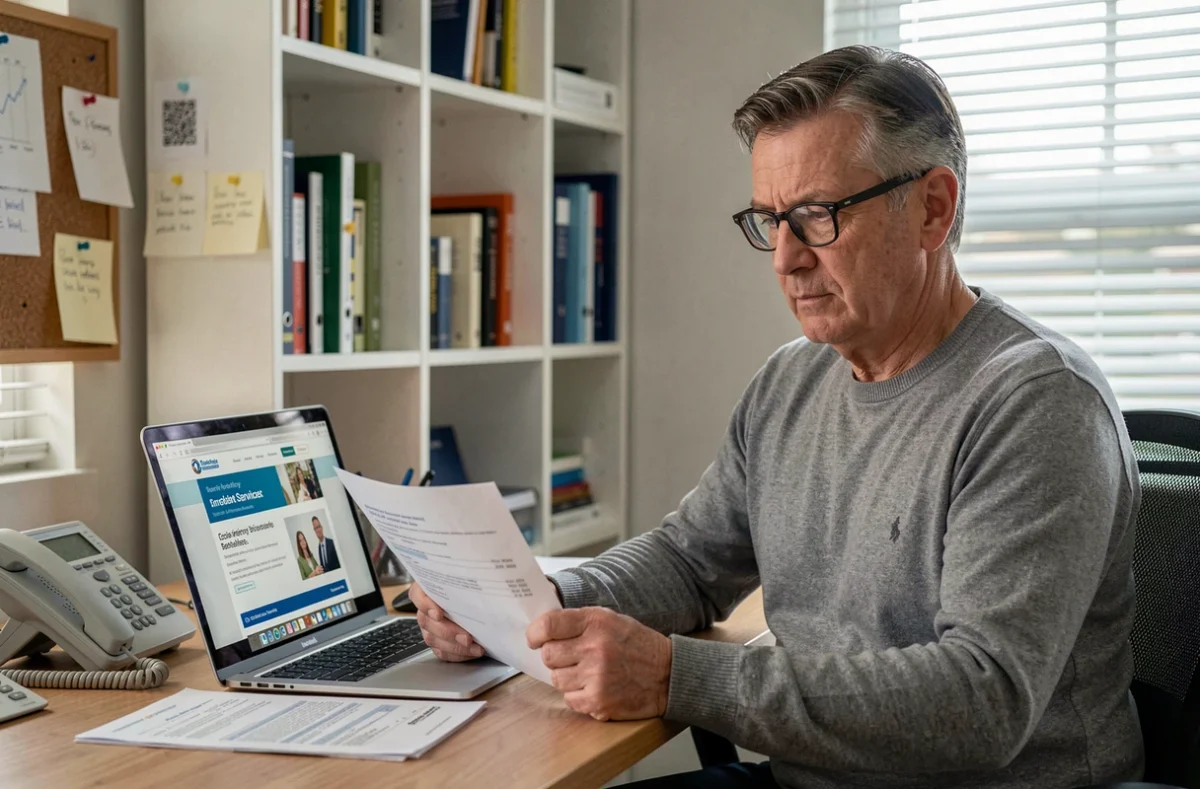 Un homme d'âge moyen consulte les démarches en ligne pour bénéficier d'une aide ménagère prise en charge par la sécurité sociale