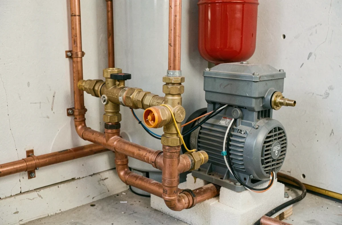 Détail des connexions hydrauliques entre une pompe à chaleur et un ballon tampon résidentiel, avec vannes en laiton, circulateur et vase d'expansion