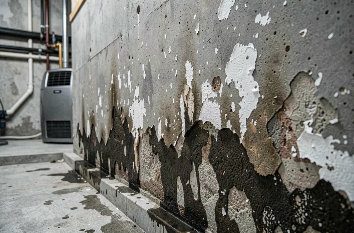Gros plan sur un mur de sous-sol en béton avec des infiltrations d'eau, des taches d'humidité et du plâtre décollé