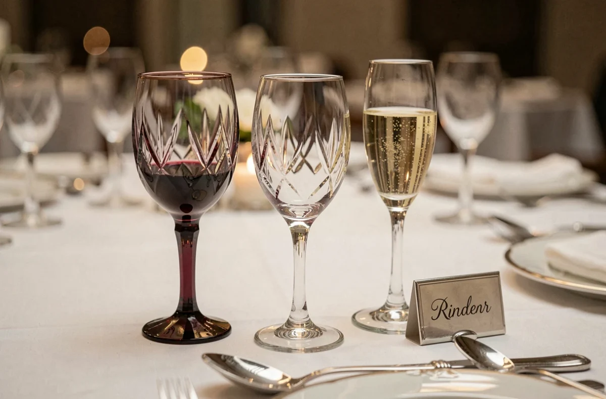 Gros plan sur trois verres en cristal disposés en triangle selon l'étiquette française sur une nappe blanche immaculée