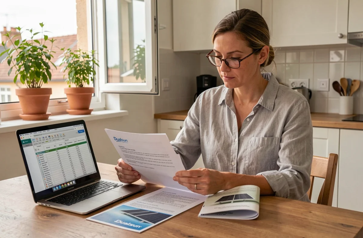 Femme propriétaire consultant un devis pour un panneau solaire hybride Dualsun à la maison