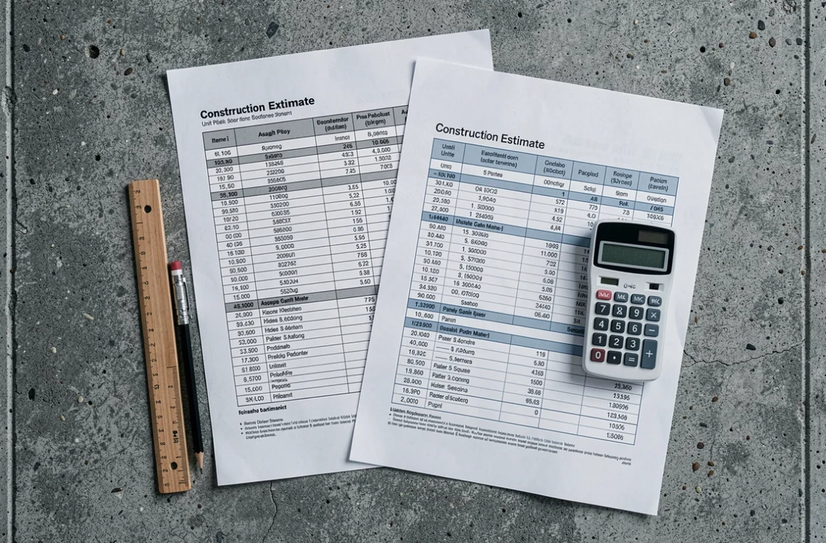 Vue aérienne de devis comparatifs de coût d'enrobé au m2 avec calculatrice et règle sur surface en béton