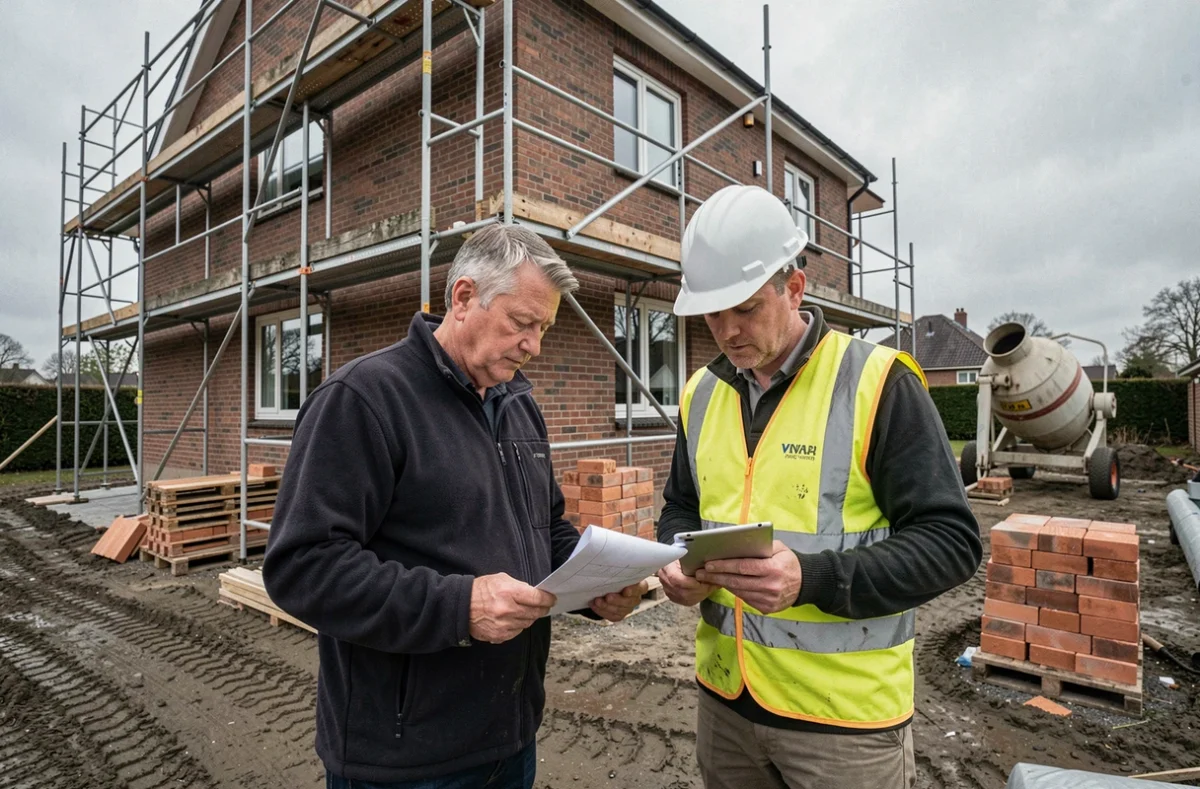 Propriétaire et entrepreneur discutant d'un devis de rénovation de façade devant un échafaudage sur une maison en briques